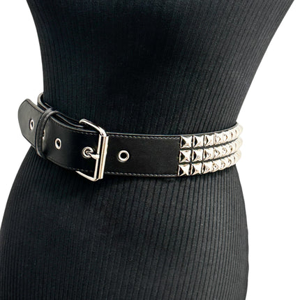 BT104M VEGAN   3 ROW PYRAMID STUD BELT -ROLLER BUCKLE