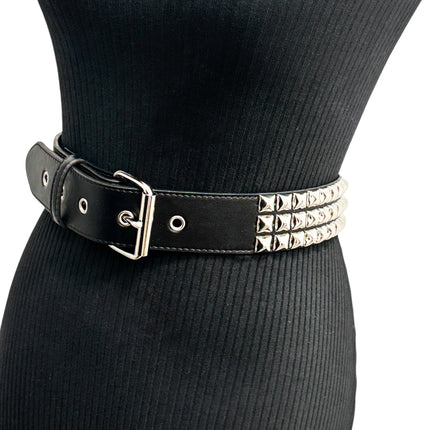 BT104M VEGAN   3 ROW PYRAMID STUD BELT -ROLLER BUCKLE