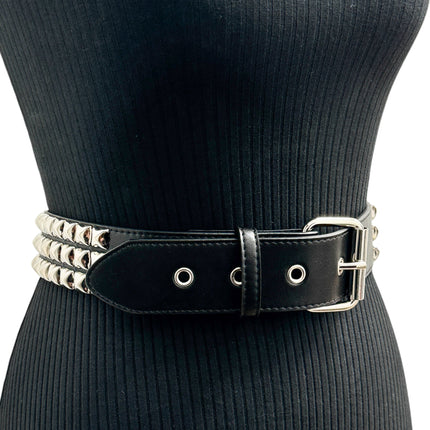 BT104M VEGAN   3 ROW PYRAMID STUD BELT -ROLLER BUCKLE