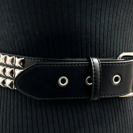 BT104M VEGAN   3 ROW PYRAMID STUD BELT -ROLLER BUCKLE