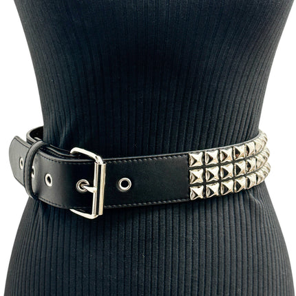 BT104M VEGAN   3 ROW PYRAMID STUD BELT -ROLLER BUCKLE