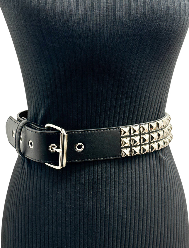 BT104M VEGAN   3 ROW PYRAMID STUD BELT -ROLLER BUCKLE