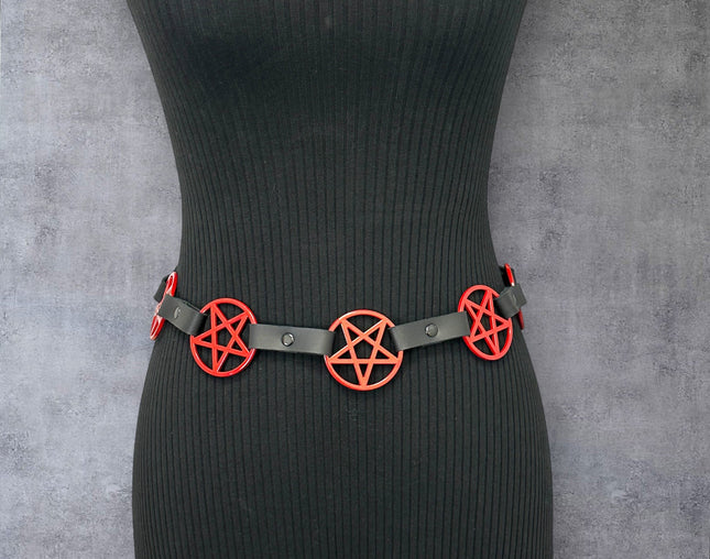 BT485-RS RED LARGE PENTAGRAM BELT LEATHER LINK BUCKLE BACK