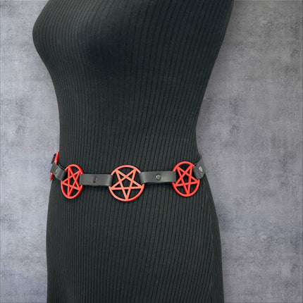 BT485-RS RED LARGE PENTAGRAM BELT LEATHER LINK BUCKLE BACK