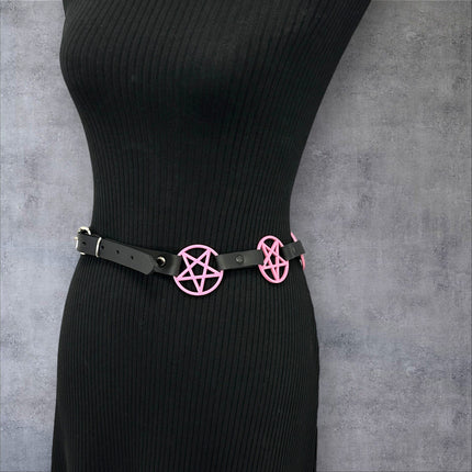 BT485-PS PINK LARGE PENTAGRAM BELT LEATHER LINK BUCKLE BACK