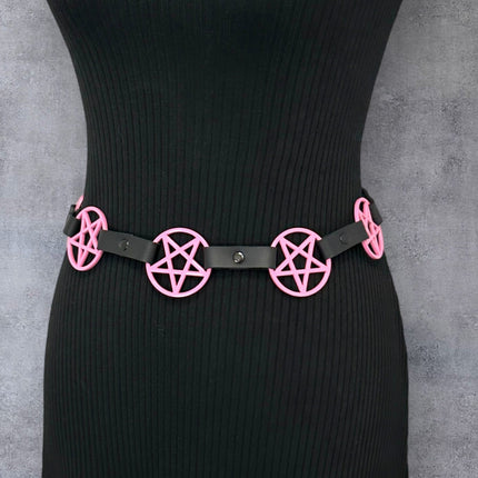 BT485-PS PINK LARGE PENTAGRAM BELT LEATHER LINK BUCKLE BACK
