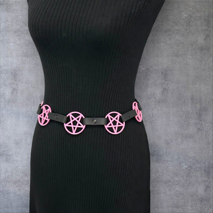 BT485-PS PINK LARGE PENTAGRAM BELT LEATHER LINK BUCKLE BACK