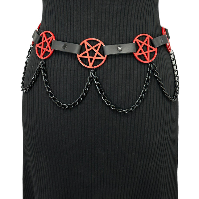 BT486-RS   HANGING CHAIN RED  LARGE PENTAGRAM BELT