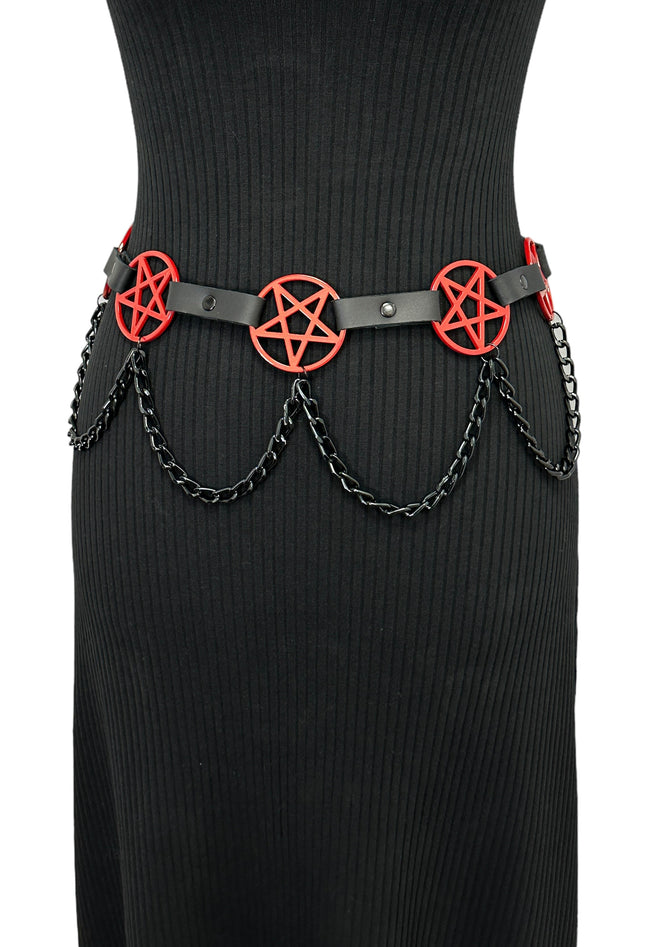 BT486-RS   HANGING CHAIN RED  LARGE PENTAGRAM BELT