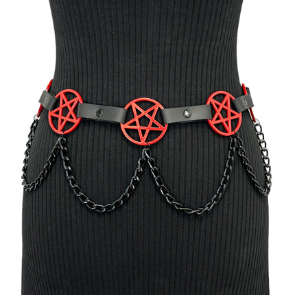 BT486-RS   HANGING CHAIN RED  LARGE PENTAGRAM BELT