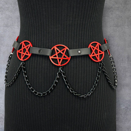 BT486-RS   HANGING CHAIN RED  LARGE PENTAGRAM BELT