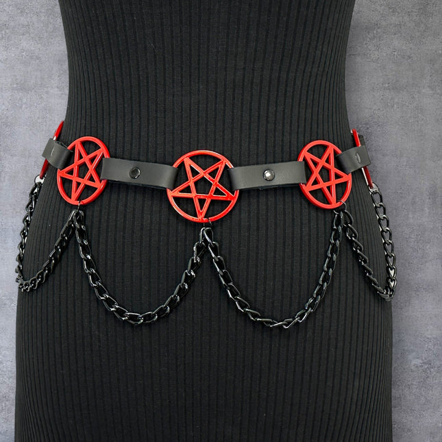 BT486-RS   HANGING CHAIN RED  LARGE PENTAGRAM BELT