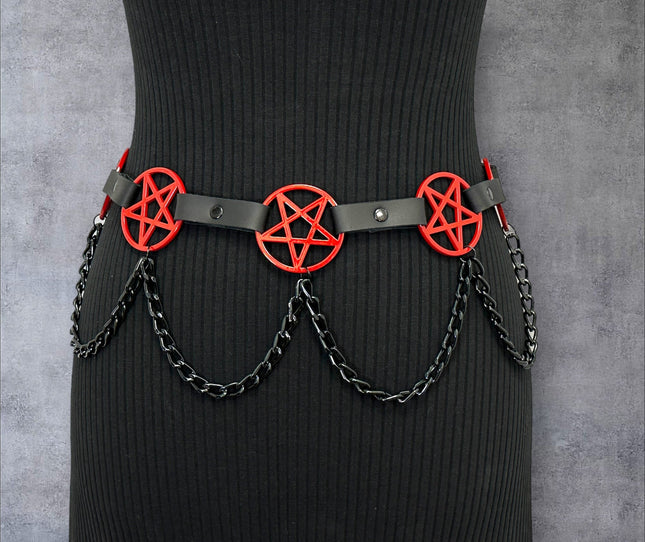 BT486-RS   HANGING CHAIN RED  LARGE PENTAGRAM BELT