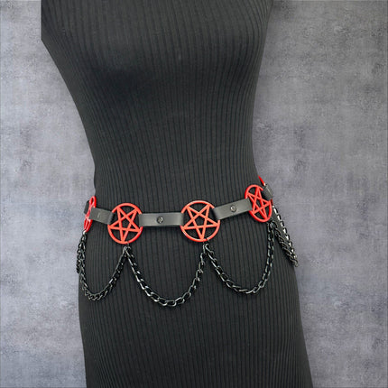 BT486-RS   HANGING CHAIN RED  LARGE PENTAGRAM BELT