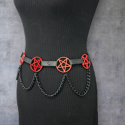BT486-RS   HANGING CHAIN RED  LARGE PENTAGRAM BELT