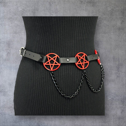 BT486-RS   HANGING CHAIN RED  LARGE PENTAGRAM BELT