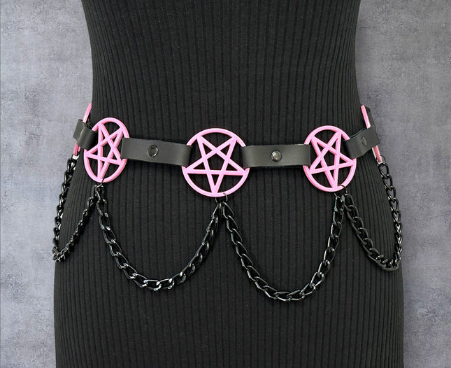 BT486-PS   HANGING CHAIN LARGE PINK PENTAGRAM BELT
