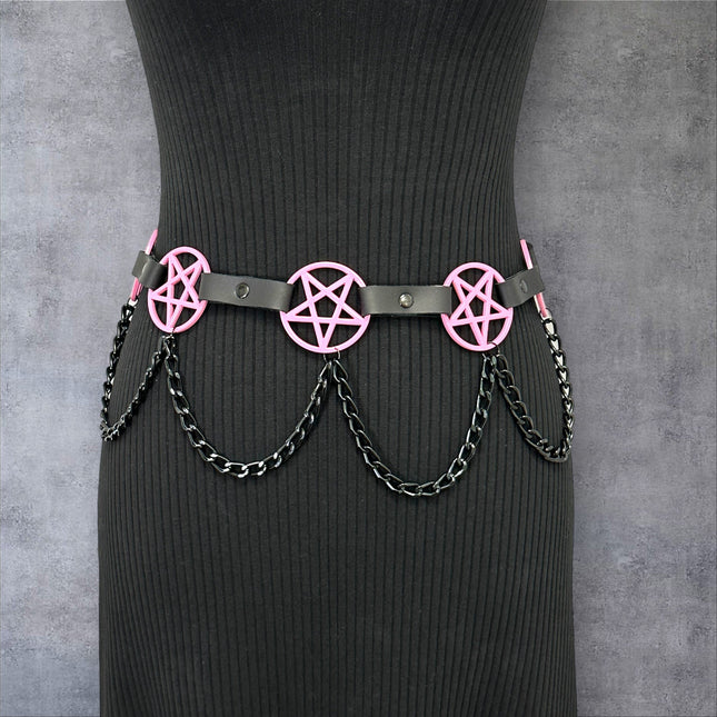 BT486-PS   HANGING CHAIN LARGE PINK PENTAGRAM BELT