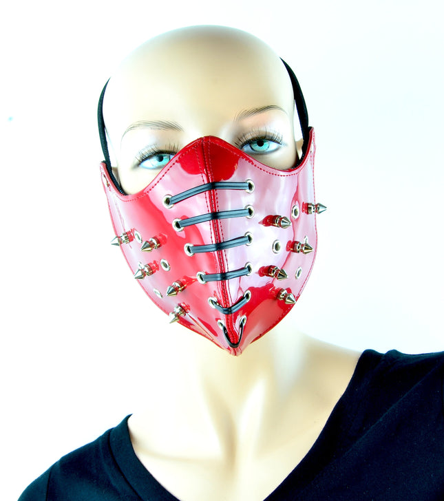 MK109 RED PATENT LEATHER SPIKE CORSET MASK