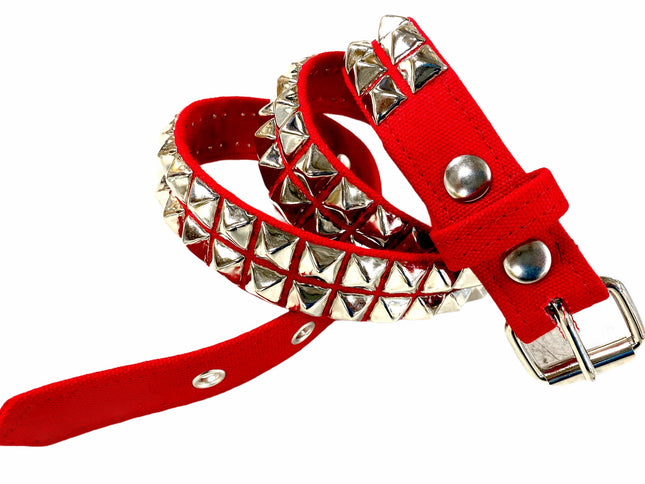 BT117C-RED CANVAS BELT, 2 ROW 1/2" PYRAMID STUDS