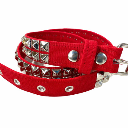 BT117C-RED CANVAS BELT, 2 ROW 1/2" PYRAMID STUDS