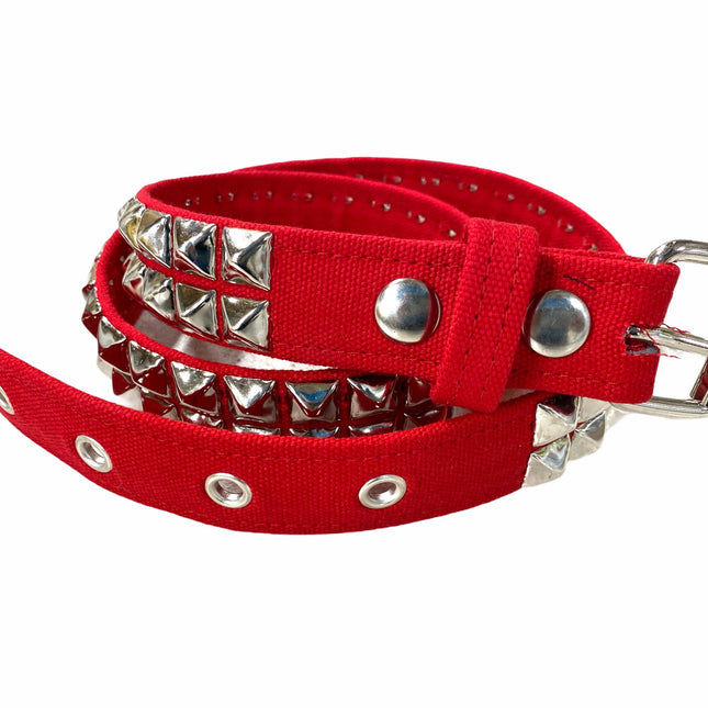 BT117C-RED CANVAS BELT, 2 ROW 1/2" PYRAMID STUDS