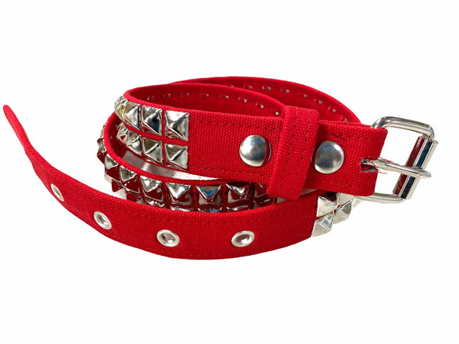 BT117C-RED CANVAS BELT, 2 ROW 1/2" PYRAMID STUDS