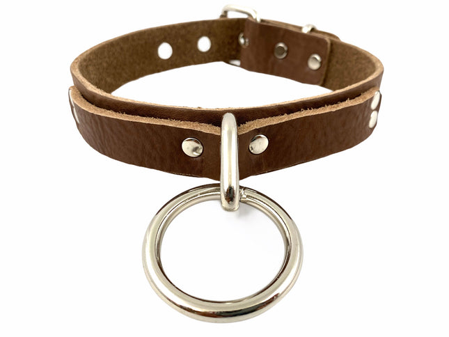 CK103BROWN 1 1/8" BEIGE SADDLE GENUINE LEATHER CHOKER LARGE