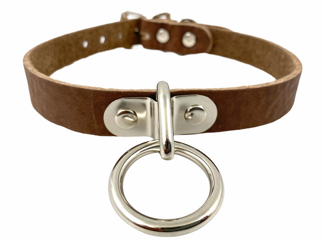 CK129BROWN 3/4" BEIGE SADDLE GENUINE LEATHER CHOKER 3/4" LOOP