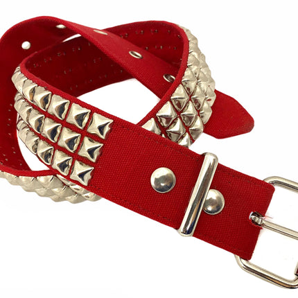 BT104C-RED CANVAS 3 ROW PYRAMID STUDDED  BELT