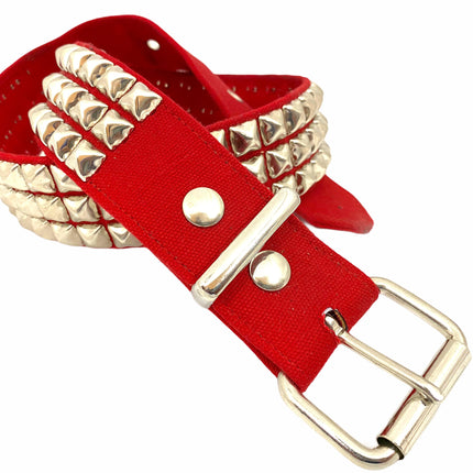 BT104C-RED CANVAS 3 ROW PYRAMID STUDDED  BELT