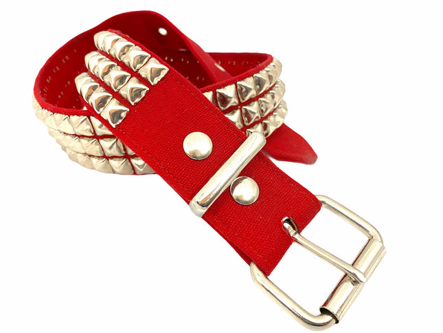 BT104C-RED CANVAS 3 ROW PYRAMID STUDDED  BELT