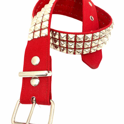 BT104C-RED CANVAS 3 ROW PYRAMID STUDDED  BELT