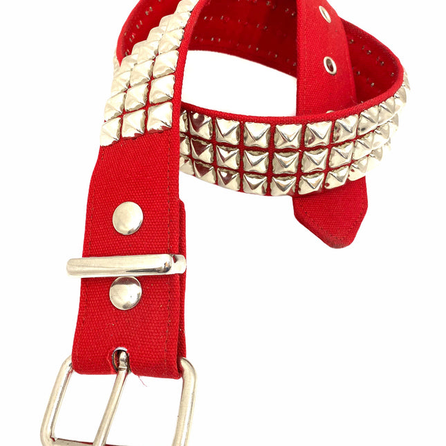 BT104C-RED CANVAS 3 ROW PYRAMID STUDDED  BELT