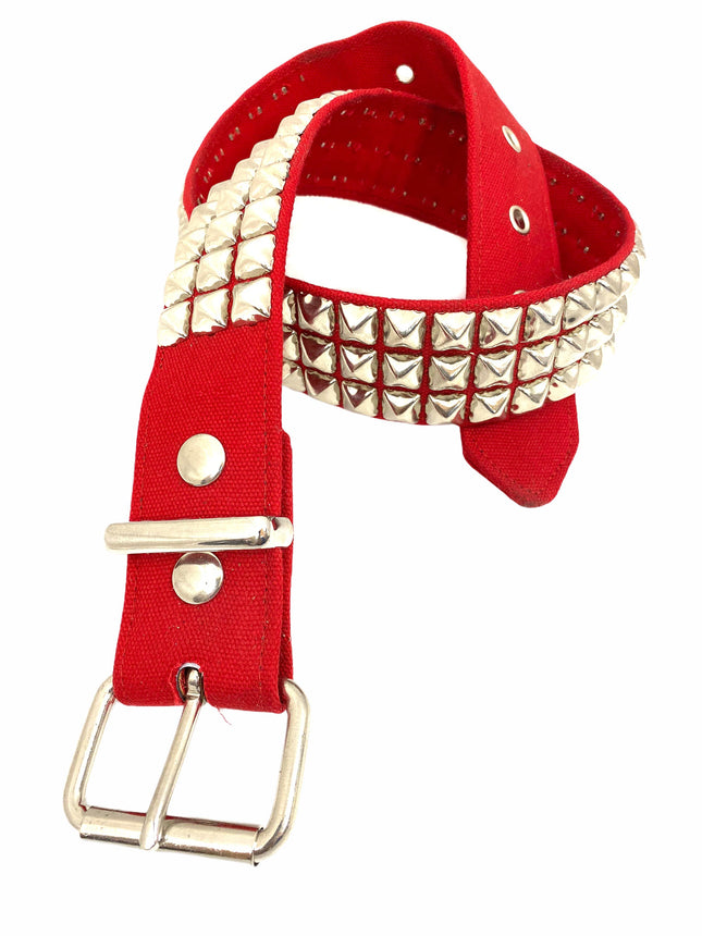 BT104C-RED CANVAS 3 ROW PYRAMID STUDDED  BELT