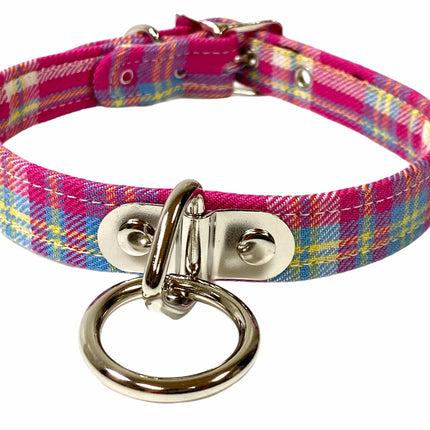 CK129PLAID  PLAID FABRIC O RING BONDAGE CHOKER