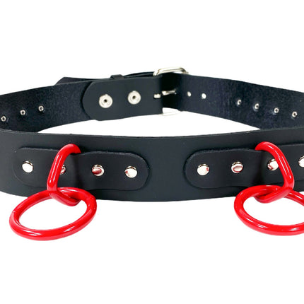 BT114-RS BLACK LEATHER BONDAGE BELT, LARGE RED LOOPS & RINGS