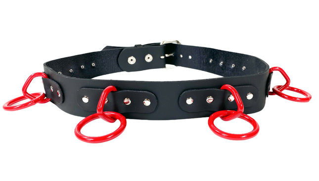 BT114-RS BLACK LEATHER BONDAGE BELT, LARGE RED LOOPS & RINGS