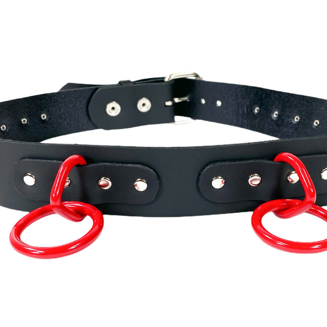 BT114-RS BLACK LEATHER BONDAGE BELT, LARGE RED LOOPS & RINGS