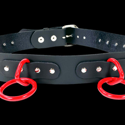 BT114-RS BLACK LEATHER BONDAGE BELT, LARGE RED LOOPS & RINGS