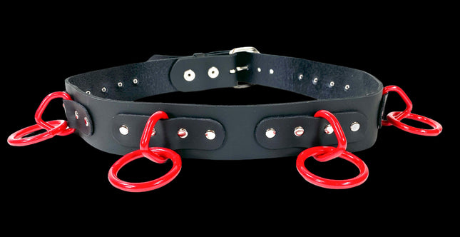 BT114-RS BLACK LEATHER BONDAGE BELT, LARGE RED LOOPS & RINGS