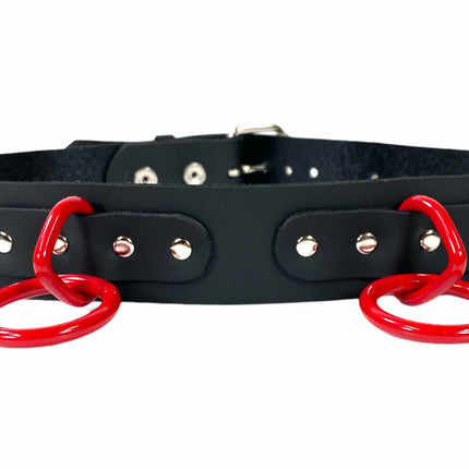 BT114-RS BLACK LEATHER BONDAGE BELT, LARGE RED LOOPS & RINGS