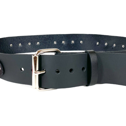 BT114-RS BLACK LEATHER BONDAGE BELT, LARGE RED LOOPS & RINGS