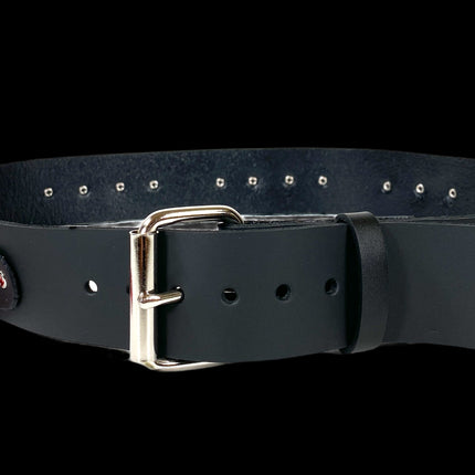 BT114-RS BLACK LEATHER BONDAGE BELT, LARGE RED LOOPS & RINGS