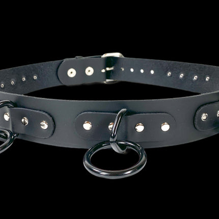 BT114-BS BLUE LEATHER BONDAGE BELT, LARGE BLACK LOOPS & RINGS