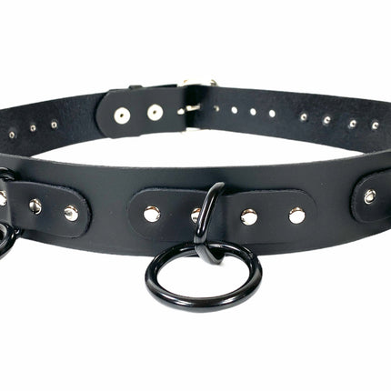 BT114-BS BLUE LEATHER BONDAGE BELT, LARGE BLACK LOOPS & RINGS