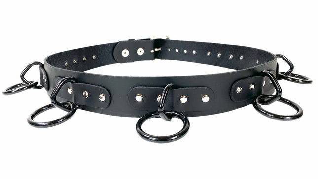 BT114-BS BLUE LEATHER BONDAGE BELT, LARGE BLACK LOOPS & RINGS
