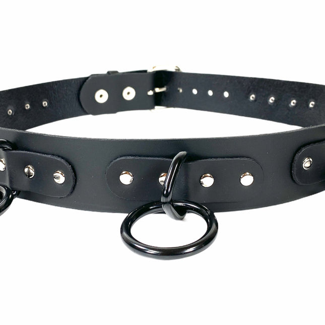 BT114-BS BLUE LEATHER BONDAGE BELT, LARGE BLACK LOOPS & RINGS