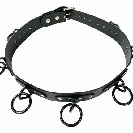 BT114-BS BLUE LEATHER BONDAGE BELT, LARGE BLACK LOOPS & RINGS