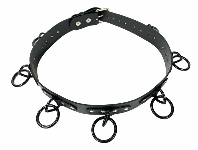 BT114-BS BLUE LEATHER BONDAGE BELT, LARGE BLACK LOOPS & RINGS